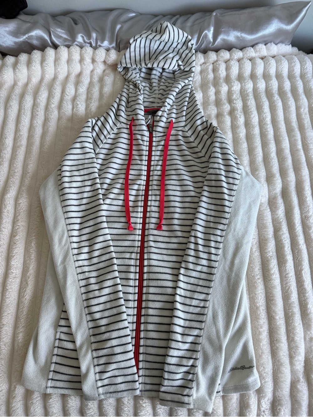 Eddie Bauer White Striped Hoodie with salmon Drawcords